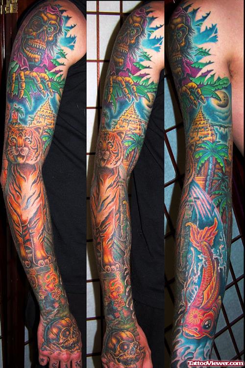 Colored Tiger And Koi With Gambling Tattoo On Right Sleeve