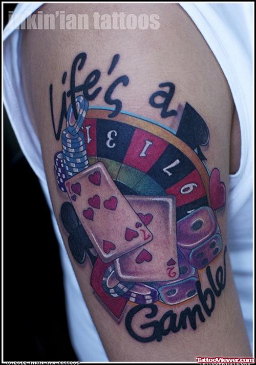 Colored Gambling Tattoo On Right Half Sleeve