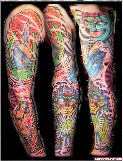 Awesome Colored Gambling Tattoos On Full Sleeve