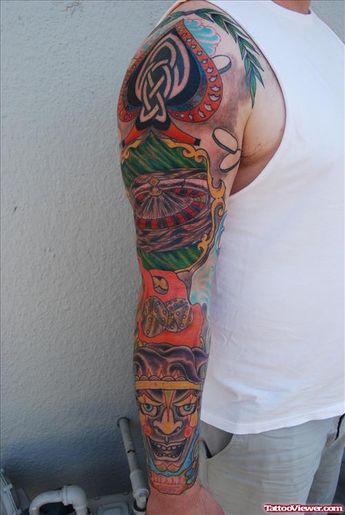Awesome Colored Gambling Tattoo On Full Sleeve