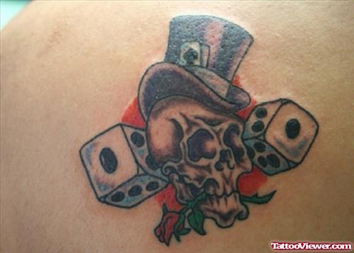 Skull With Hat And Dice Gambling Tattoo On Back