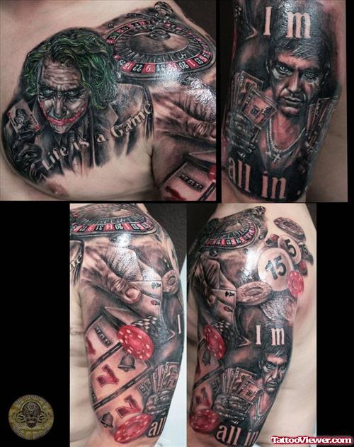 Joker Gambling Tattoo On Chest And Half Sleeve