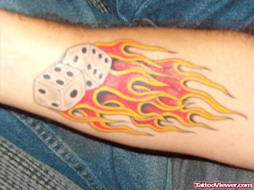 Flaming Dice Gambling Tattoo On Sleeve