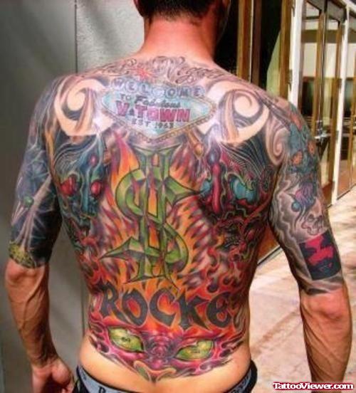 Colored Gambling Tattoo On Man Full Back