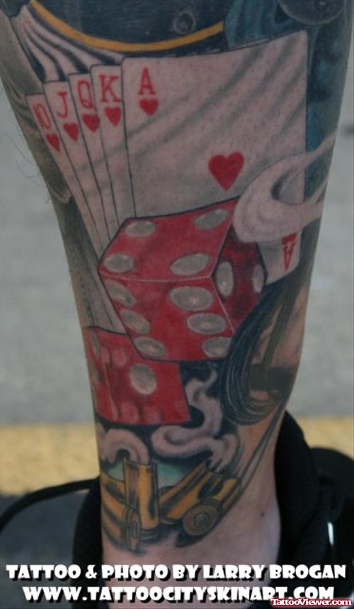 Colored Dice Gambling Tattoo On Leg