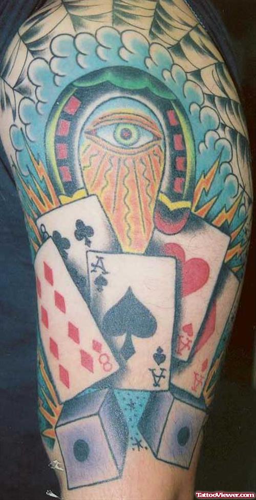 Awesome Colored Gambling Tattoo On Sleeve