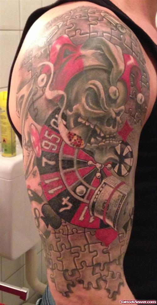 Awesome Colored Gambling Tattoo On Right Half Sleeve