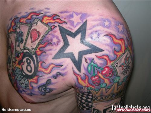 Awesome Colored Gambling Tattoo On Man Chest and Left Shoulder
