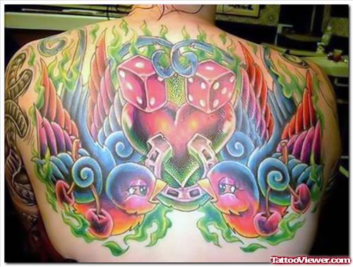 Awesome Colored Gambling Tattoo On Back Body