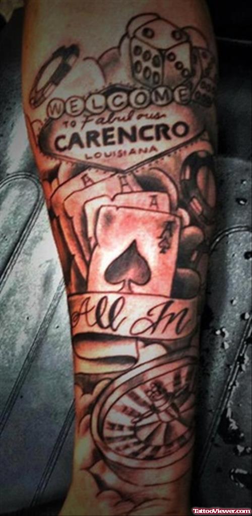 Awesome Banner and Gambling Tattoo On Sleeve