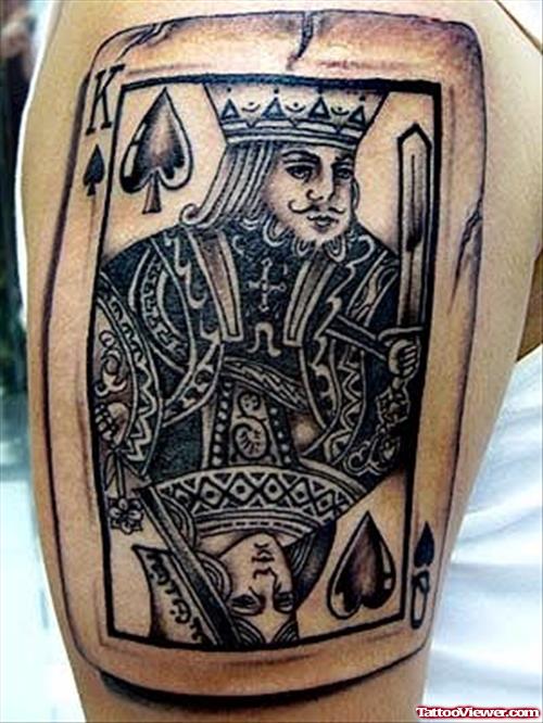 Grey Ink King Card Tattoo On Right Arm