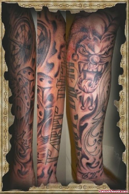 Grey Ink Clown And Gambler Tattoo