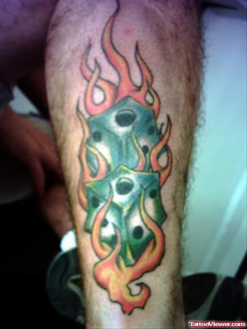 Flaming Green Dice Gambling Tattoo On Leg