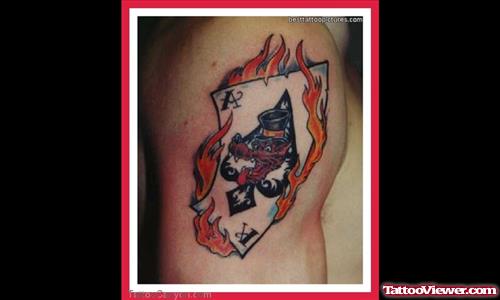 Flaming Card Gambling Tattoo On Man Right Shoulder