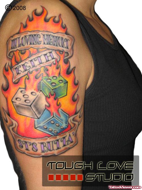 Banner And Flaming Dice Gambling Tattoo On Right Half Sleeve