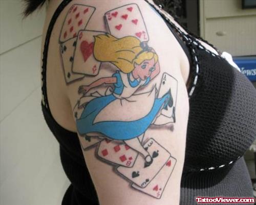 Alice In Wonderland Playing Cards Gambling Tattoo On Right Shoulder