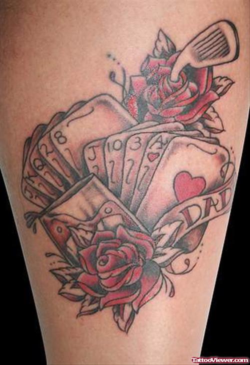 Red Rose Flowers And Grey Ink Gambling Cards Tattoos