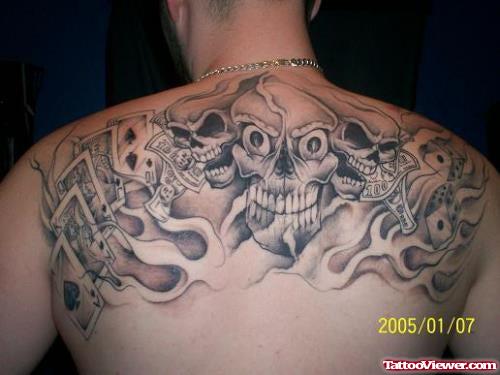 Man Upperback Grey Ink Gambling Tattoo