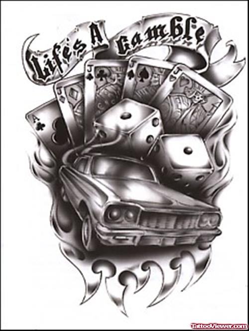 Lifes A Gamble Flaming Cards And Dice Tattoo Design