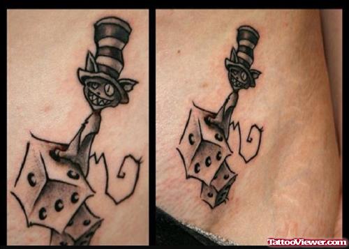 Grey Ink Cat and Dice Gambling Tattoo