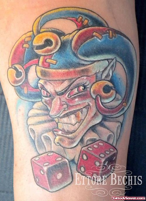 Colored Joker Head With Dice Gambling Tattoo