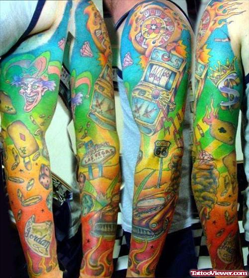 Awesome Colored Gambling Tattoos On Sleeve