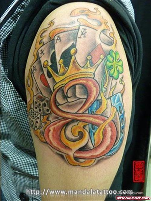 Awesome Colored Gambling Tattoo On Left Half Sleeve