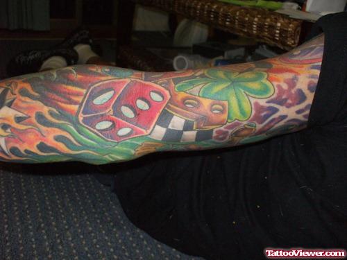 Wonderful Colored Gambling Tattoo On Sleeve