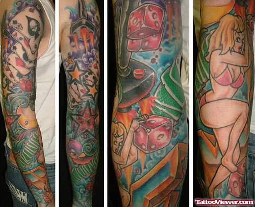Colored Gambling Tattoos On Right Sleeve