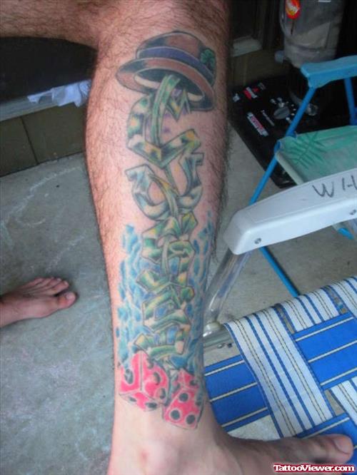 Colored Gambling Tattoo On Leg