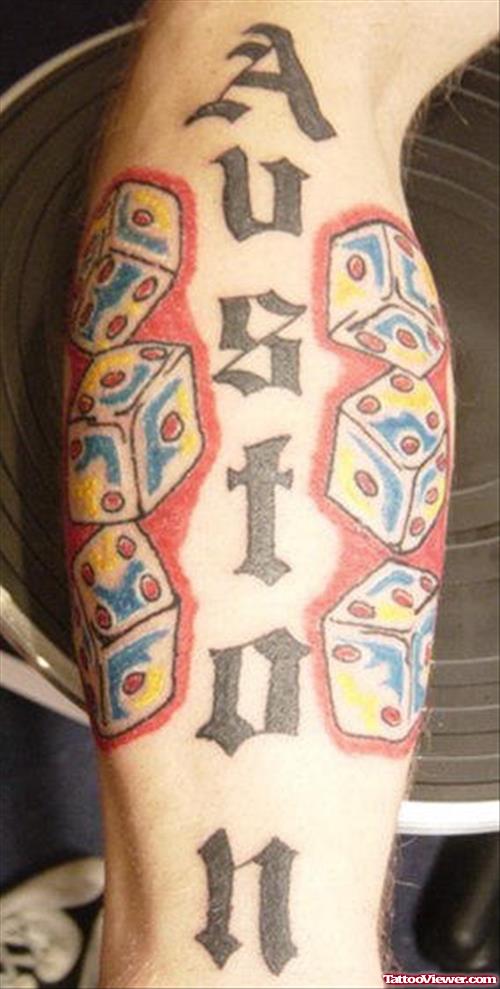 Colored Dice And Auston Gambling Tattoo On Leg