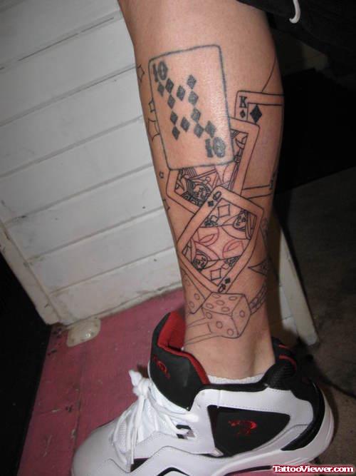 Grey Ink Cards Gambling Tattoo On Leg