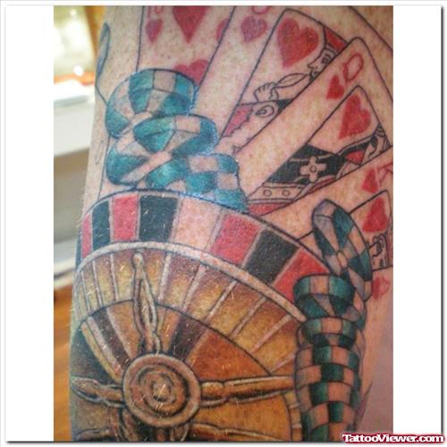 Beautiful Colored Gambling Tattoo On Half Sleeve