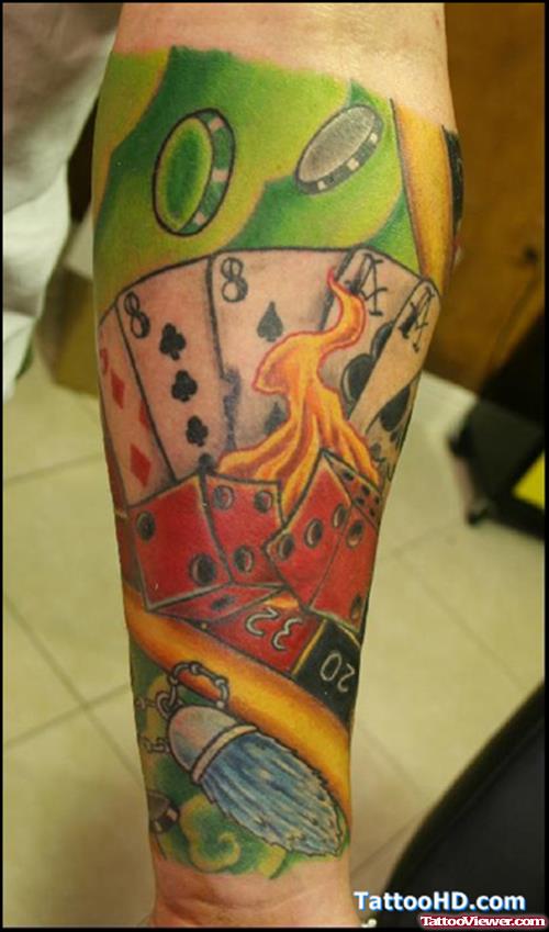 Beautiful Colored Gambling Tattoo On Arm