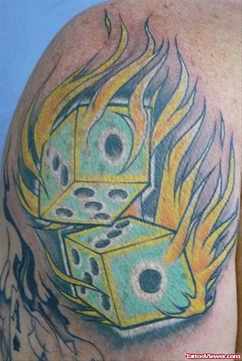 Amazing Flaming Dice Gambling Tattoo On Right Shoulder