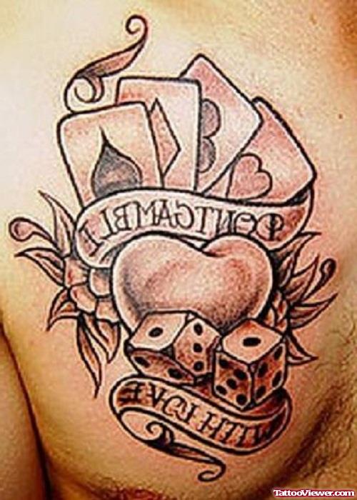 Grey Ink Heart And Dice With with Cards Gambling Tattoo