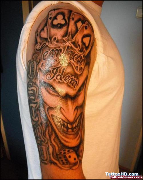 Grey Ink Joker Gambling Tattoo On Right Sleeve