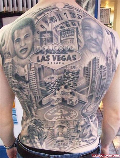 Grey Ink Lasvegas Gambling Tattoo On Back Body