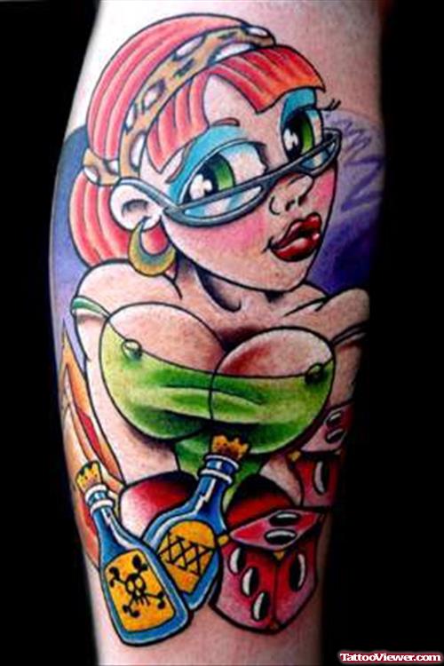 Awesome Colored Gambling Girl Tattoo