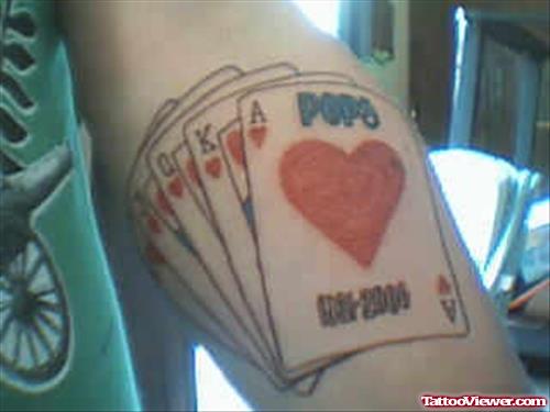 Awesome Colored Gambling Cards Tattoos On Bicep