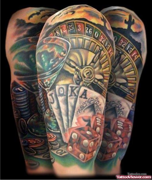 Red Dice And Poker Gambling Tattoo On Half Sleeve