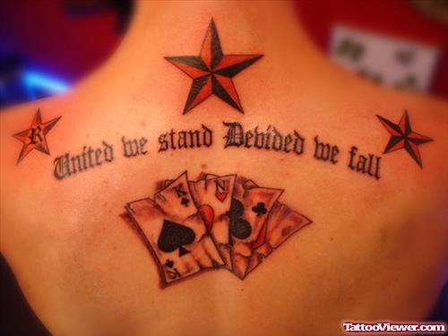 Nautical Stars And Gambling Cards Tattoos On Upperback