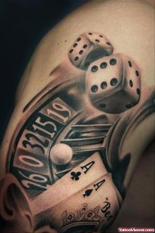 Grey Ink Poker And Dice Gambling Tattoo On Right Arm