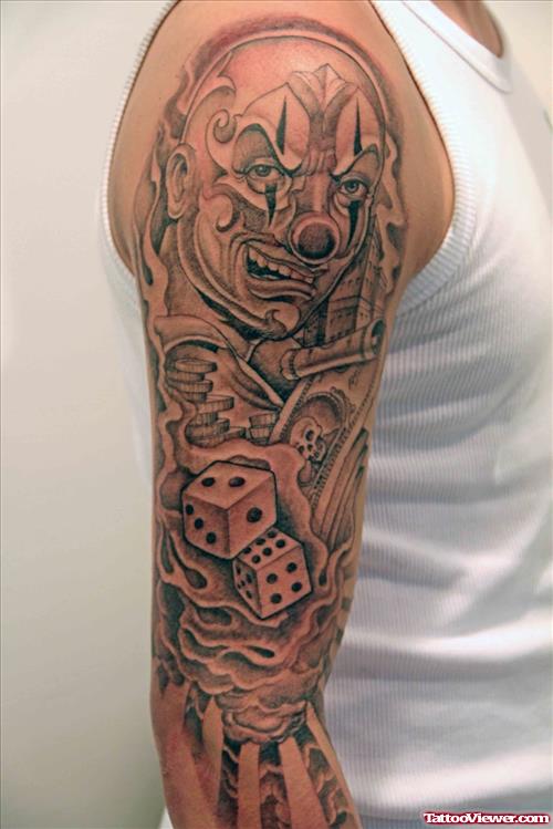 Grey Ink Joker And Cards Gambling Tattoo On Right Sleeve