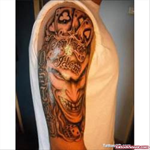 Grey Ink Gambling Joker Tattoo On Right Arm