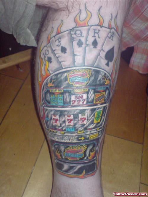 Colored Gambling Tattoo On Right Leg