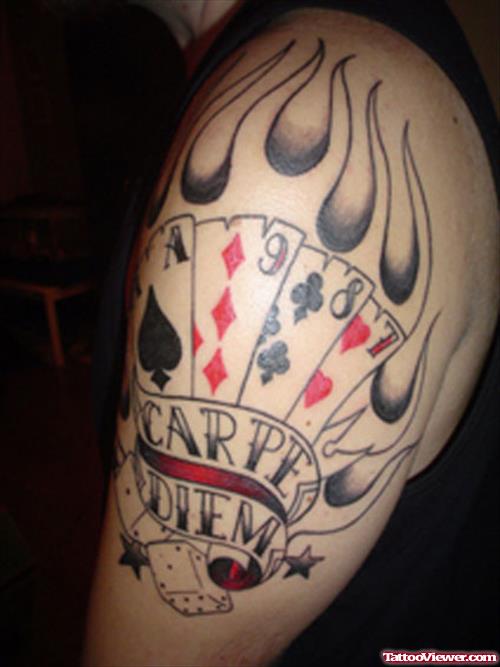 Colored Flaming Cards Gambling Tattoo On Left Half Sleeve