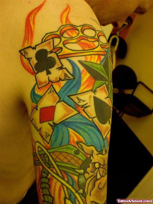 Color Cards Gambling Tattoo On Left Arm