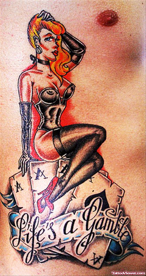 Cards And Pinup Girl Gambling Tattoo On Chest
