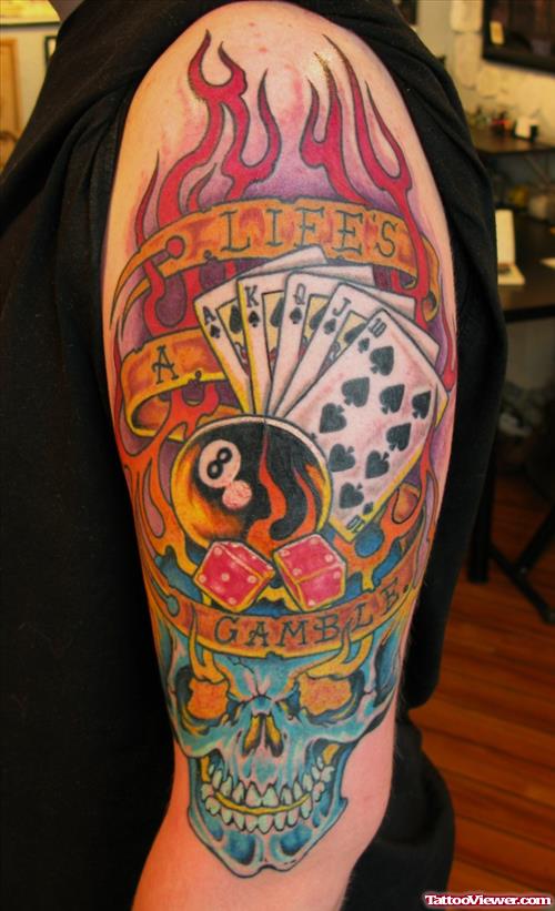 Awesome Flaming Cards Gambling Tattoo On Left Sleeve